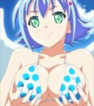 blue_hair breasts female green_eyes high_res holding_breasts nanael queen's_blade screencap short_hair smile solo