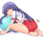  1girl ass bad_id ball barefoot blue_hair blush buruma exercise_ball feet furude_rika gym_uniform hasu_(hk_works) higurashi_no_naku_koro_ni leaning long_hair looking_at_viewer open_mouth purple_eyes sitting soles solo toes white_background 