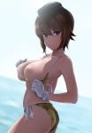 1girl 1girl 1girl ass backlighting big_breasts bikini bikini_pull bikini_top_removed bra bra_lift breasts breasts_out_of_clothes brown_eyes brown_hair closed_mouth contrapposto cowboy_shot day dutch_angle expressionless eyebrows_visible_through_hair garrison_cap girls_und_panzer gloves green_bikini hair_between_eyes halterneck hat high_resolution horizon in_profile inverted_nipples looking_at_viewer nipples nishizumi_maho ocean outside print_bikini print_swimsuit pulled_by_self short_hair side-tie_bikini string_bikini sunlight swimsuit tanned underwear undressing wa_(genryusui) wet white_gloves