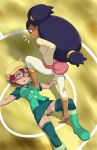 2_girls 2girls aqua_eyes barefoot big_hair blush boots breasts brown_eyes cabbie_hat capri_pants choker dark_skin feet femdom georgia gloves hair_tie hat heart heart-shaped_pupils high_res highres iris iris_(pokemon) langley_(pokemon) leaning long_hair lying multiple_girls on_back orange_eyes panties pants pantyshot pantyshot_(lying) pencil_skirt pink_hair pokemon pokemon_(anime) purple_hair refuto short_hair skirt soles step_on_breasts stepped_on stockings surprised sweatdrop symbol-shaped_pupils tears thighhighs two_side_up underwear yuri