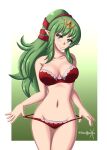 1girl alluring ass_visible_through_thighs bare_arms bare_legs bare_midriff bare_shoulders bare_thighs big_breasts breasts collarbone female_only fire_emblem fire_emblem_awakening gradient_background green_background green_eyes green_hair long_hair looking_at_viewer medium_breasts midriff nintendo panties panty_pull pin_up pointy_ears ponytail red_panties shoulders smile sonicheroxd teasing thighs tiki_(adult)_(fire_emblem) tiki_(fire_emblem) underwear undressing very_long_hair