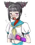 black_hair blush capcom cosplay doru_riheko drill_hair flying_sweatdrops juri_han midriff open_mouth purple_eyes sakura_kasugano sakura_kasugano_(cosplay) school_uniform serafuku simple_background sketch solo street_fighter street_fighter_iv super_street_fighter_iv twin_drills white_background