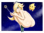  1girl anus aqua_eyes ass back blonde_hair breasts chiko_(mario) crown earrings hair_over_one_eye high_heels jewelry leg_hug looking_at_viewer looking_back luma mario_(series) night_sky nintendo nude princess_rosalina rosalina rosalina_(mario) rosetta_(mario) shikuta_maru shoes sideboob smile super_mario_bros. super_mario_galaxy uncensored wand 