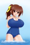  1girl breasts brown_hair closed_eyes feet_in_water high_res huge_breasts kikumi_kazuki long_hair mitsuki_sohara one-piece_swimsuit ponytail shochuumimai smile soaking_feet solo sora_no_otoshimono swimsuit water 