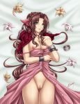 aerith_gainsborough areolae big_breasts breasts brown_hair female final_fantasy final_fantasy_vii green_eyes karosu_maker nipples pussy smile solo