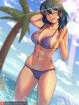 1girl abs alternate_costume athletic_female beach bikini bikini_bottom bikini_top blue_eyes breasts byleth_(fire_emblem) byleth_(fire_emblem)_(female) cleavage female_abs fire_emblem fire_emblem:_three_houses fit_female grin hand_behind_head kagato007 medium_hair nintendo ocean one_eye_closed outside palm_tree purple_bikini smile swimsuit teal_hair water winking