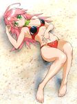  1_girl 1girl ahoge barefoot bikini bikini_bottom bikini_top blush breasts choker feet female female_human green_eyes hands kemeko_deluxe long_hair looking_at_viewer lying mm_(kemeko_deluxe) on_back pink_hair solo swimsuit ueyama_michirou 