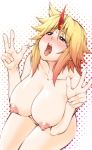 1girl 846-gou big_breasts blonde_hair blush breasts double_v female horn hoshiguma_yuugi huge_breasts long_hair nipples noir846 nude open_mouth red_eyes solo tongue tongue_out touhou v wide_hips