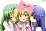 3_girls absurd_res adjusting_hair blue_hair blush blush_stickers bow closed_eyes frills furude_rika green_hair hair_bow hair_ribbon hands_clasped happy high_res higurashi_no_naku_koro_ni houjou_satoko incipient_kiss lipstick long_hair makeup morimoto_hirofumi multiple_girls open_mouth purple_eyes ribbon scan short_hair sonozaki_shion yuri