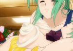  animated animated_gif blush breast breasts cream eating food fruit gif green_hair higurashi_no_naku_koro_ni incest lick licking long_hair lowres oppai siblings sisters sonozaki_mion sonozaki_shion yuri 