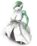  1girl armpits between_breasts breasts cleavage collarbone dress gardevoir green_hair large_breasts lips nintendo okai okai418 pokemon red_eyes solo 