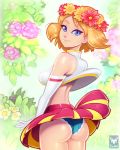 1girl ass blue_eyes cheerleader cheerleader_outfit cheerleader_uniform clothed female female_human female_only flower_crown foxilumi gloves human long_gloves looking_at_viewer male_human panties pokemon pokemon_(anime) pokemon_xy serena serena_(pokemon) short_hair skirt skirt_lift solo standing upskirt