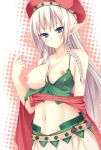 1girl alleyne alleyne_(queen's_blade) belt beret blue_eyes blush braid breasts colored elf hat long_hair midriff navel nipples noumin pointy_ears purple_hair queen's_blade queen's_blade side_braid solo