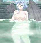 1girl bare_shoulders bath bathing black_wings blue_hair blush breasts dark_persona female green_eyes hair_ornament high_res nanael naughty_face nipples nude queen's_blade short_hair solo water wet wings