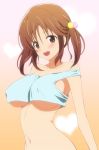  1girl bare_shoulders blush breasts brown_eyes brown_hair huge_breasts idolmaster idolmaster_cinderella_girls navel nekokan_(cat&#039;s_cradle) no_bra open_mouth shirt smile solo strap_slip tank_top totoki_airi twintails underboob 