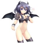  1girl black_hair black_legwear blush bottomless corset demon_girl demon_wings fantasy_earth_zero gloves horns legwear long_hair navel ponytail purple_eyes pussy solo wings 