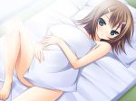  1boy androgynous bad_id baka_to_test_to_shoukanjuu barefoot bed blush brown_hair covering covering_chest feet frown green_eyes hair_ornament hairclip hug hugging karukanko kinoshita_hideyoshi looking_at_viewer lying male male_focus nude on_back pillow pillow_hug short_hair smile solo trap 