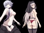  2girls aldora ass back breasts green_eyes hair high_res legwear long_hair multiple_girls nude panties queen&#039;s_blade red_eyes shizuka_(queen&#039;s_blade) stockings thong white_hair 