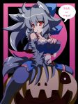 1girl animal_ears big_breasts breasts cleavage halloween hand_on_breast legwear long_hair original pumpkin red_eyes silver_hair sitting solo tail wolf_ears wolfgirl