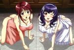 apron ass big_breasts blue_hair breasts butt_crack open_mouth oribe_mafuyu red_hair seikon_no_qwaser wink yamanobe_tomo