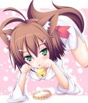  1boy animal_ears bad_id baka_to_test_to_shoukanjuu bell bell_collar blush brown_hair collar green_eyes kemonomimi kinoshita_hideyoshi male male_focus mikan_(5555) milk short_hair solo tail top-down_bottom-up trap 