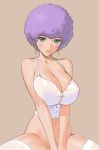 1girl afro aqua_eyes bad_id blue_eyes breasts cleavage dragon_ball earrings erect_nipples female huge_breasts jewelry lingerie navel no_panties purple_hair ranfan sano_toshihide solo thighhighs uncensored underwear