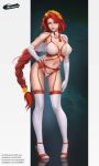 1girl alluring artdrift big_breasts braid fire_emblem fire_emblem:_path_of_radiance fire_emblem:_radiant_dawn fire_emblem_heroes flower_crown garter_belt gloves green_eyes hand_on_hip lingerie long_braid looking_at_viewer milf nintendo red_hair solo_female stockings titania_(fire_emblem) titania_(valentine)_(fire_emblem) very_long_hair