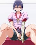 1girl bad_id bakemonogatari bandage bandages bike_shorts black_hair blush brown_eyes fingering kanbaru_suruga masturbation monogatari_(series) nisemonogatari panties panties_aside pulled_by_self purple_hair pussy shino_(comic_penguin_club) short_hair shorts shorts_pull sitting solo spread_legs sweat tongue underwear