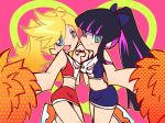 2girls asymmetrical_docking big_breasts blue_eyes blue_hair breasts cheerleader green_eyes hair holding_hands ingenmame long_hair multicolored_hair multiple_girls navel open_mouth oppai panty_&_stocking_with_garterbelt panty_anarchy pom_poms ponytail purple_hair siblings sisters skirt small_breasts smile stocking_anarchy twin_tails