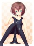 1boy arm_support baka_to_test_to_shoukanjuu blush brown_hair bukkake bulge crossdressing cum cum_in_hair cum_on_clothes cum_on_hair facial gingami green_eyes hair_ornament hairclip kinoshita_hideyoshi looking_at_viewer male male_focus mizugi off_shoulder one-piece_swimsuit school_swimsuit semen short_hair sitting solo stockings sukumizu swimsuit thighhighs trap