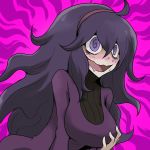 1girl @_@ ahoge bags_under_eyes blue_eyes blue_hair blush breast_grab breast_hold breasts crazy_eyes dress hairband happy headband heart hex_maniac hex_maniac_(pokemon) long_hair long_sleeves messy_hair nintendo npc npc_trainer open_mouth oro_(zetsubou_girl) pale_skin pokemon pokemon_(game) pokemon_xy purple_eyes purple_hair smile solo sweat sweatdrop sweater very_long_hair wavy_mouth