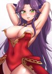  1girl angela_(trials_of_mana) armpit bare_shoulders breasts cleavage earrings eyebrows_visible_through_hair female female_only gloves green_eyes hands_behind_head leotard long_hair looking_at_viewer partially_clothed pointy_ears seiken_densetsu_3 solo standing trials_of_mana 