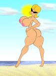  1girl 2018 ass ass bare_legs barefoot beach blue_sky breasts breasts disney feet grin heatheartattack knick_knack nipples nude nude_beach nude_female pink_nipples pixar smile sun sunglasses sunny_miami toes walking yellow_hair 