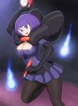 1girl 1q bangs big_breasts blunt_bangs bob_cut breasts cleavage collar dress elbow_gloves elite_four ghost glasses gloves hair highres holding holding_poke_ball humans_of_pokemon large_breasts pantyhose pen pleated_skirt poke_ball pokemon pokemon_(game) pokemon_black_and_white pokemon_bw purple_eyes purple_hair purple_skirt shikimi_(pokemon) shiny shiny_clothes shirt short_hair skirt smile solo taut_clothes taut_shirt