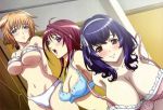  3_girls 3girls ahoge arms_behind_back big_breasts blue_hair blush bra bra_lift breasts brown_hair cleavage embarrassed frown green_eyes hairband high_res huge_breasts itadaki_shinji lingerie multiple_girls nyantype official_art open_mouth orange_hair oribe_mafuyu panties purple_eyes red_eyes red_hair seikon_no_qwaser short_hair small_breasts smile strap_slip surprised teresa_beria underboob underwear undressing white_panties yamanobe_tomo 