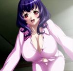 big_breasts breasts cleavage hanging_breasts high_res huge_breasts open_mouth pajamas purple_hair red_eyes screencap seikon_no_qwaser smile yamanobe_tomo