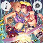 2girls belt big_breasts bikini bikini_top blonde blue_eyes breasts candy chainsaw cheerleader cowboy_hat crossover fur_trim hair hat headgear juliet_starling kagura_(oneechanbara) lollipop lollipop_chainsaw long_hair midriff miniskirt mizugi multiple_girls navel nick_carlyle oneechanbara oppai pink_hair rog_rockbe severed_head sheath skirt sword twin_tails weapon wink