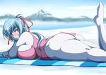   1girl aoi_(gegege_no_kitarou) ass astraea13 bikini blue_eyes blue_hair blue_skin breasts cleavage plump gegege_no_kitarou huge_ass huge_breasts looking_at_viewer lying monster_girl on_stomach ponytail smile solo yuki_onna  