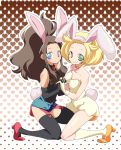 2girls animal_ears bel_(pokemon) bianca_(pokemon) blonde blonde_hair blue_eyes blush brown_hair bunny_ears chorimokki game_freak gloves green_eyes hair high_heels hilda_(pokemon) humans_of_pokemon kemonomimi kneel kneeling long_hair multiple_girls nintendo pokemon pokemon_(anime) pokemon_(game) pokemon_black_2_&_white_2 pokemon_black_and_white pokemon_bw pokemon_bw2 protagonist_(pokemon) shoes shorts smile touko_(pokemon) usamimi white_(pokemon)