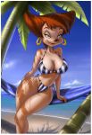 beach big_breasts bikini blue_eyes breasts cleavage disney ear_piercing earring female fernando_faria_(artist) goof_troop hair looking_at_viewer milf mother peg_pete piercing red_hair seaside skimpy smile solo standing swimsuit