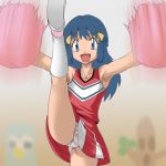 1_girl 1girl alternate_costume bare_arms blue_eyes blue_hair cheerleader cheerleader_outfit cheerleader_uniform clothed dawn dawn_(pokemon) eyebrows_visible_through_hair female female_human female_only hikari_(pokemon) human jouwan long_blue_hair long_hair looking_at_viewer one_leg_up panties paruaki pokemon pom_poms short_skirt skirt skirt_lift sleeveless socks solo standing standing_on_one_leg white_panties white_socks