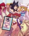 3_girls ahri big_breasts black_hair blonde_hair boruto:_naruto_next_generations cellphone clothing commission commissioner_upload crossover exposed_breasts fox_ears fox_girl fox_tail hinata_hyuuga justonehumanjoh kurama league_of_legends naruto naruto_(series) naruto_uzumaki ninetales nipples pokemon ran_yakumo touhou v wide_hips yellow_eyes yu_yu_hakusho