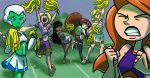  angry aya_(green_lantern) black_hair blonde_hair breasts cheerleader cleavage closed_eyes crossover dark_skin dc disney funny green_lantern green_lantern_animated_series green_skin kim_possible kimberly_ann_possible long_hair marvel muscle orange_hair power_girl robot short_hair smile tran40f3 