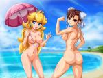 2girls arm_up ass beach big_breasts breasts chun-li cloud crossover erect_nipples hair high_res legs multiple_girls muscle nude ocean oppai photoshop princess_peach pussy sand sideboob sigurdhosenfeld sky street_fighter super_mario_bros. thighs tree uncensored