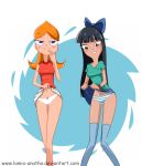 black_hair blue_eyes blush bow bow_panties bracelet brown_eyes candace_flynn disney long_hair orange_hair panties phineas_and_ferb shiny shiny_skin skirt skirt_lift smile stacy_hirano striped striped_panties upskirt white_background white_panties