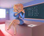 barefoot big_breasts blonde_hair breasts classroom cleavage clothing disney dress eyewear female glasses goof_troop hair inviting looking_at_viewer ms._pennypacker ms_pennypacker necklace nitro seductive short_hair sitting solo teacher thighs wide_hips