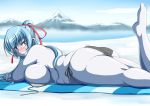 1girl aoi_(gegege_no_kitarou) ass astraea13 bikini blue_eyes blue_hair blue_skin breasts cleavage fat gegege_no_kitarou huge_ass huge_breasts looking_at_viewer lying monster_girl on_stomach plump ponytail smile solo swimsuit yuki_onna