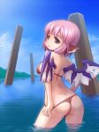  1girl alternate_costume ass back big_breasts bikini bikini_pull blue_sky breasts cloud from_behind hair highres kemonomimi looking_at_viewer looking_back mizugi mystia_lorelei oppai panties pink_hair purple_eyes short_hair sky solo thong thong_bikini touhou wading water wings you_naka 