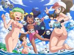 1boy 3girls 4_girls ass barefoot beach bel_(pokemon) blonde_hair blue_eyes blush breasts brown_hair closed_eyes erect_nipples feet gym_leader hair iris_(pokemon) large_breasts long_hair looking_back multiple_girls nipples nude nude_filter open_mouth oppai oshawott pokemoa pokemon pokemon_(game) pokemon_bw purple_hair pussy red_eyes short_hair smile soara soles toes touko_(pokemon) touya_(pokemon) uncensored very_long_hair water wink