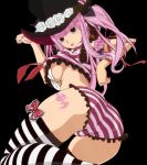 1girl flower from_behind hair hat headgear highres lace looking_back one_piece panties paw_pose perona photoshop pink_hair shirt stockings striped_legwear striped_panties striped_shirt striped_thighhighs tattoo thick_thighs tongue tongue_out